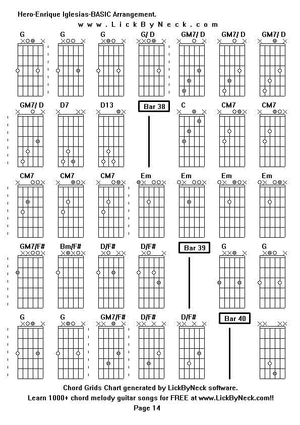 Chord Grids Chart of chord melody fingerstyle guitar song-Hero-Enrique Iglesias-BASIC Arrangement,generated by LickByNeck software.